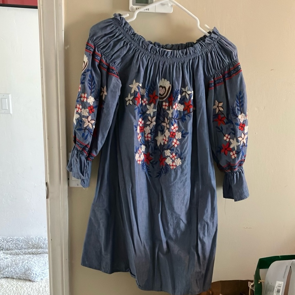 Light denim - Embroidered Off-Shoulder Dress-